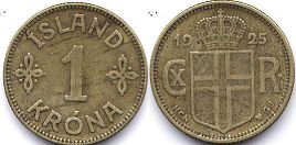 монета Исландия 1 крона 1925