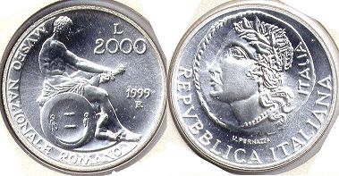 монета Италия 2000 лир 1999
