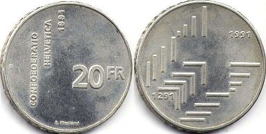 монета Швейцария 20 франков 1991