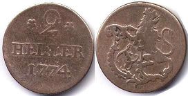 монета Гессен-Кассель 2 геллера 1774