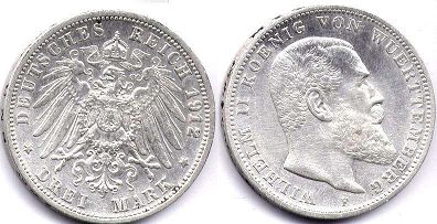 монета Вюртемберг 3 марки 1912