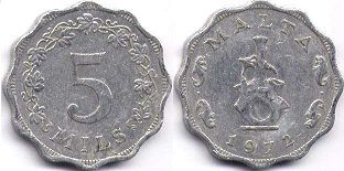 монета Мальта 5 милс 1972