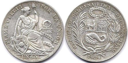 монета Перу 1 соль 1934