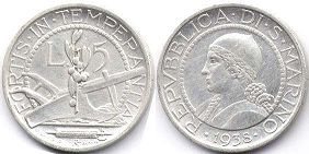 монета Сан-Марино 5 лир 1938