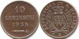 монета Сан-Марино 10 чентезими 1938