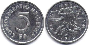 монета Швейцария 5 франков 1976