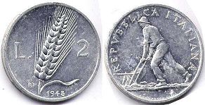 монета Италия 2 лиры 1948