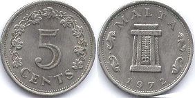 монета Мальта 5 центов 1972