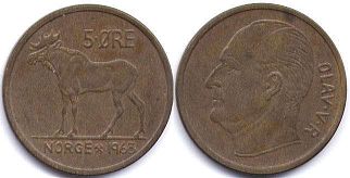 монета Норвегия 5 эре 1963