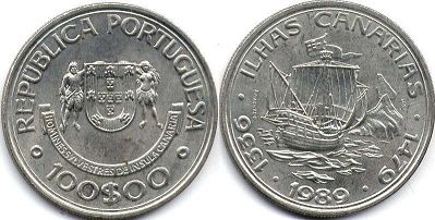 монета Португалия 100 эскудо 1989