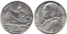 монета Ватикан 5 лир 1933-1934
