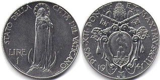 монета Ватикан 1 лира 1941