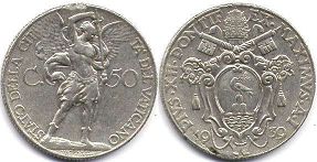 монета Ватикан 50 чентезими 1939