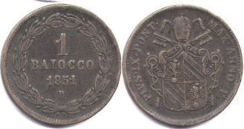 монета Папская область 1 байокко 1851
