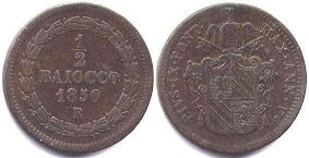 монета Папская область 1/2 байокко 1850
