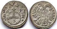 монета Австрия 3 пфеннига 1697