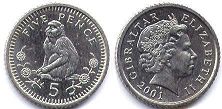 монета Гибралтар 5 пенсов 2001