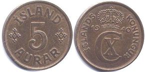 монета Исландия 5 аурар 1940