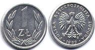 монета Польша 1 злотый 1989