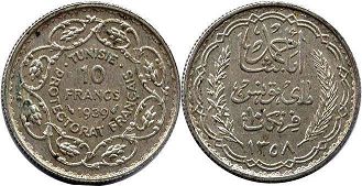 монета Тунис 10 франков 1939