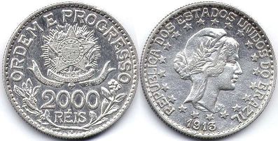 монета Бразилия 2000 рейс 1913