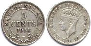 монета Ньюфаундленд 5 центов 1938