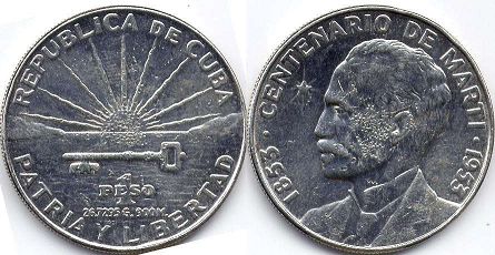 монета Куба 1 песо Фарбундо Марти 1953 Marti