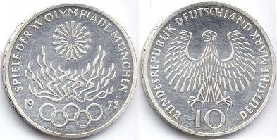 монета ФРГ 10 марок 1972