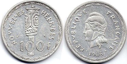 монета Новые Гебриды 100 франков 1966