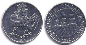 монета Сан-Марино 50 лир 1974