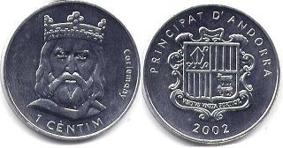 монета Андорра 1 сантим 2002
