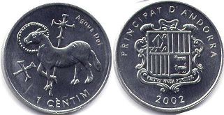 монета Андорра 1 сантим 2002