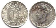 монета Цейлон 10 центов 1941