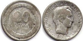 монета Колумбия 20 сентаво 1945