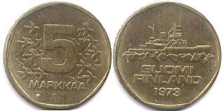 монета Финляндия 5 марок 1973