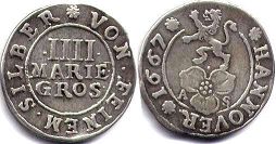 монета Ганновер 4 мариенгрошена 1667