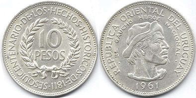 монета Уругвай 10 песо 1961
