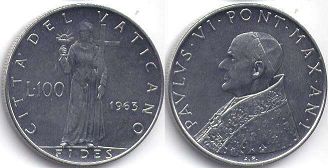 монета Ватикан 100 лир 1963