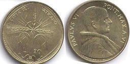 монета Ватикан 20 лир 1968