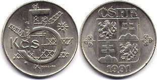 монета Чехословакия 5 крон 1991