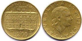 монета Италия 200 лир 1990