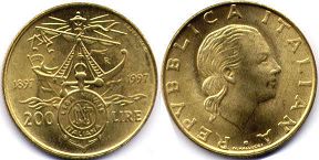 монета Италия 200 лир 1997