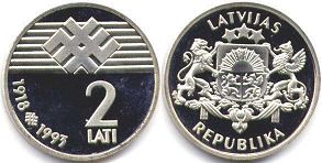 монета Латвия 2 лата 1993