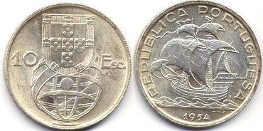 монета Португалия 10 эскудо 1954