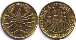 монета Сан-Марино 20 лир 1974