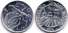 монета Сан-Марино 10 лир 1974
