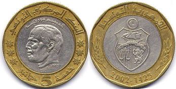 монета Тунис 5 динаров 2002