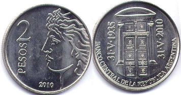 монета Аргентина 2 песо 2010