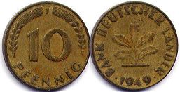 монета ФРГ 10 пфеннигов 1949