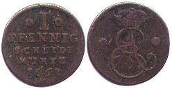 монета Брауншвейг-Люнебург-Каленберг 1 пфенниг 1697 